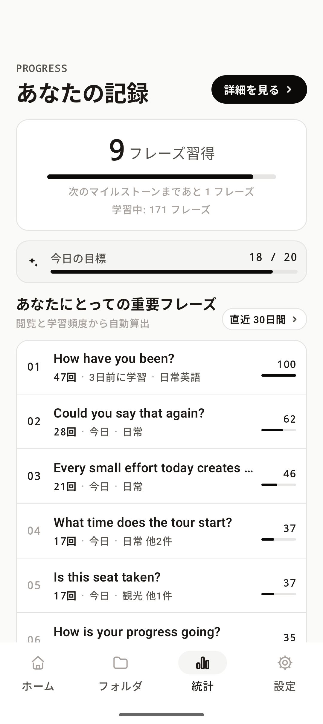 統計画面。習得フレーズ数、今日の目標、重要フレーズのランキングが表示されている。