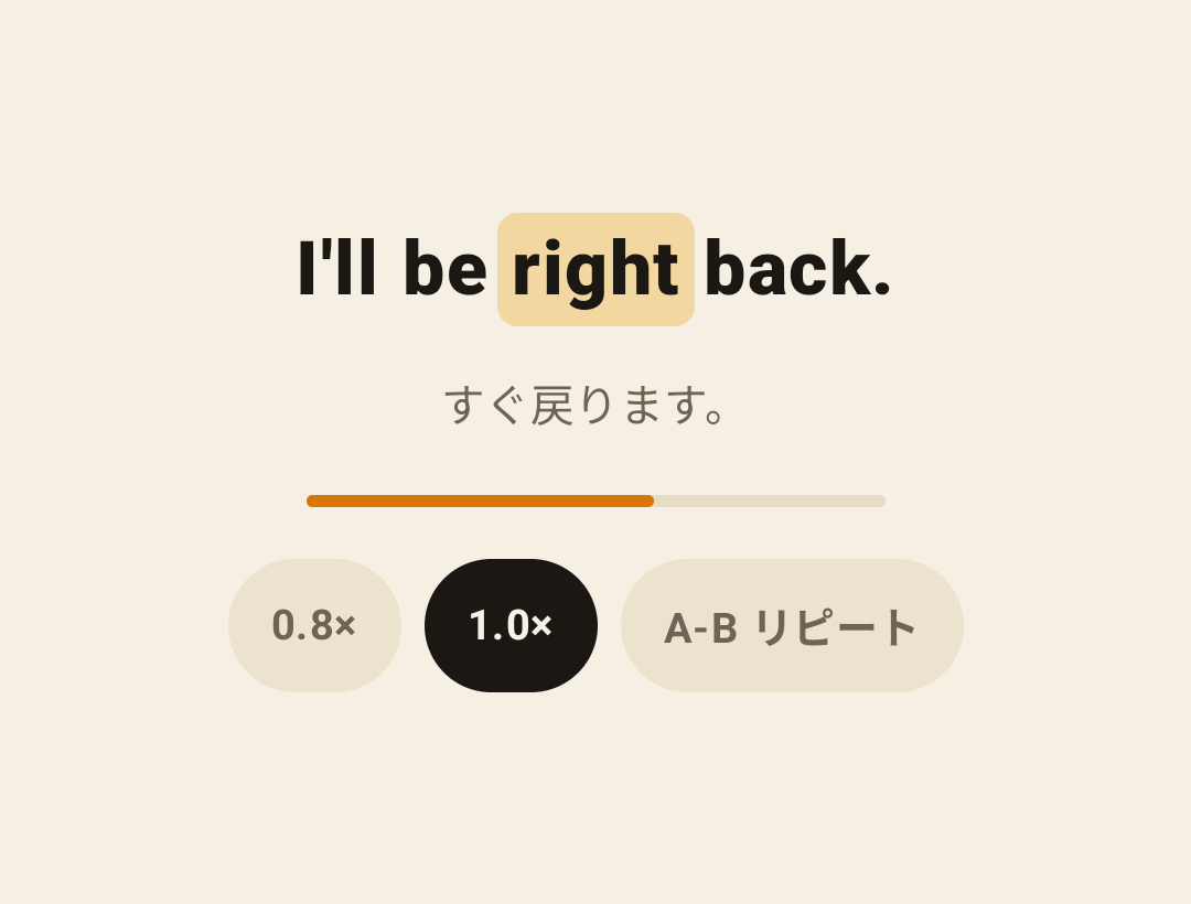 チュートリアルSTEP2。読み上げに合わせて単語がハイライトされ、再生速度とA-Bリピートを選べる画面。